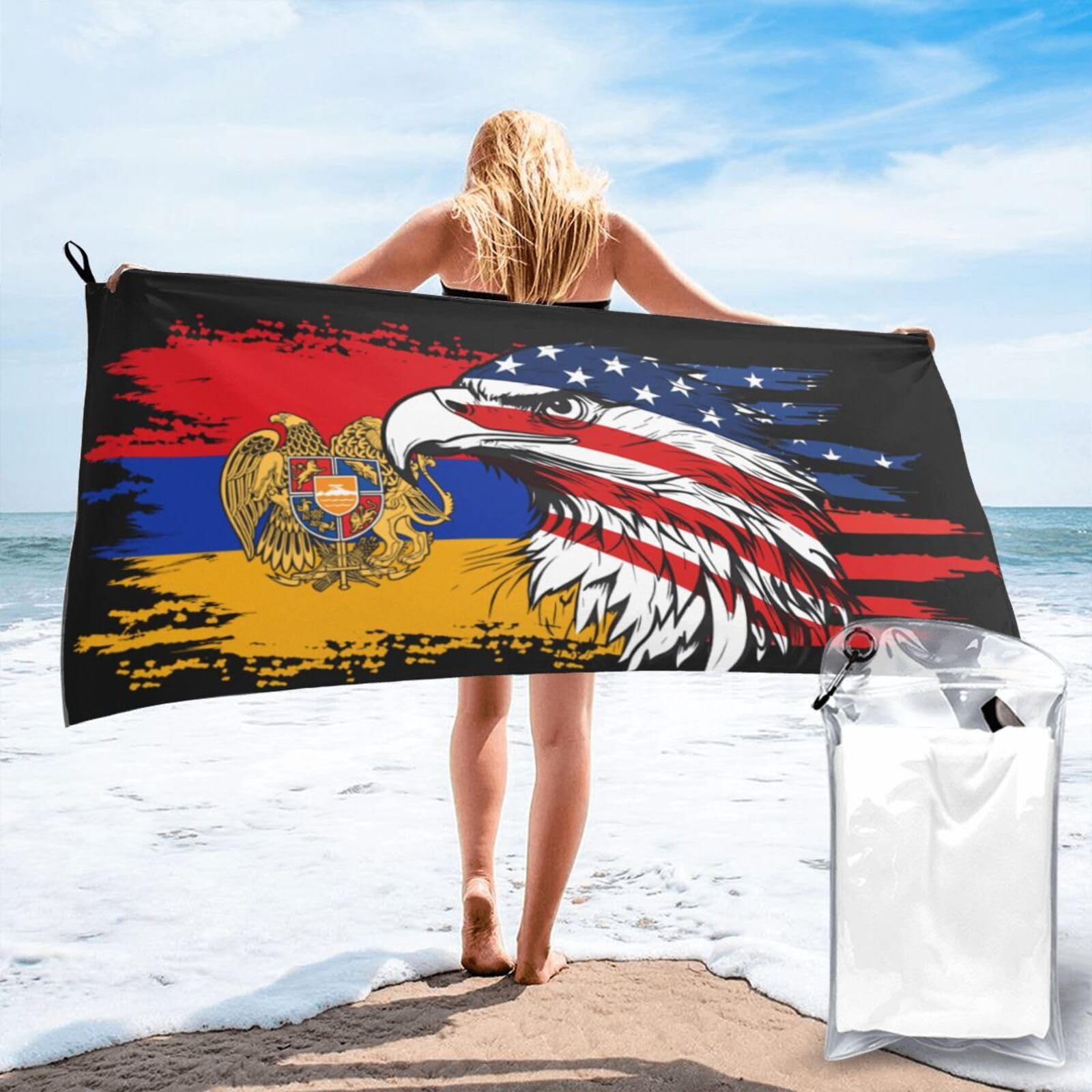 HACXZ America Flag and Armenian America Flag Microfiber Beach Towel Lightweight Absorbent Travel Pool for Men Women 31.5"X63"