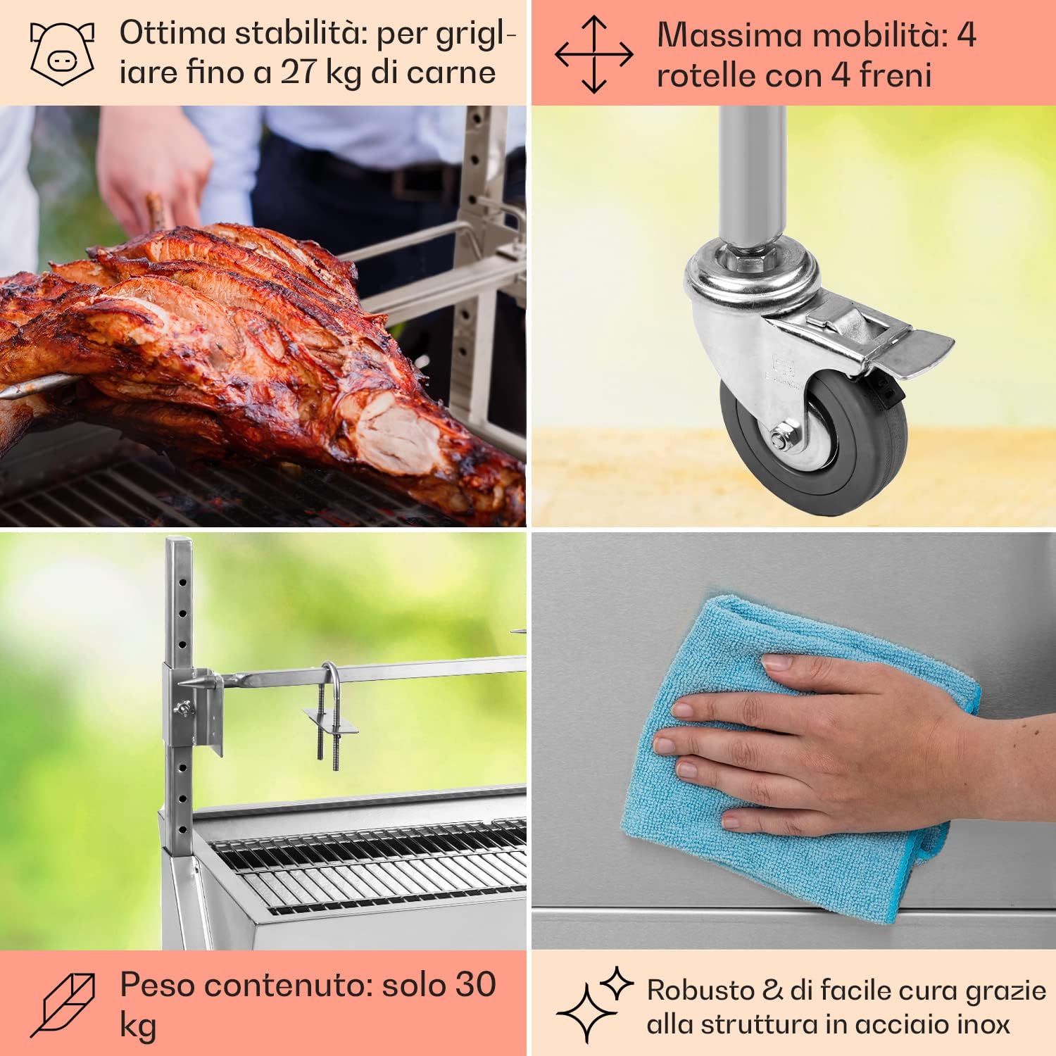 OneConcept 2-in-1 Kit Arrosto e Barbecue Elettrico Portatile, Barbecue Grill con Ruote e Posacenere, Barbecue con Griglia in Acciaio Inossidabile da Giardino, Barbecue da Terrazzo, Campeggio, Balcone