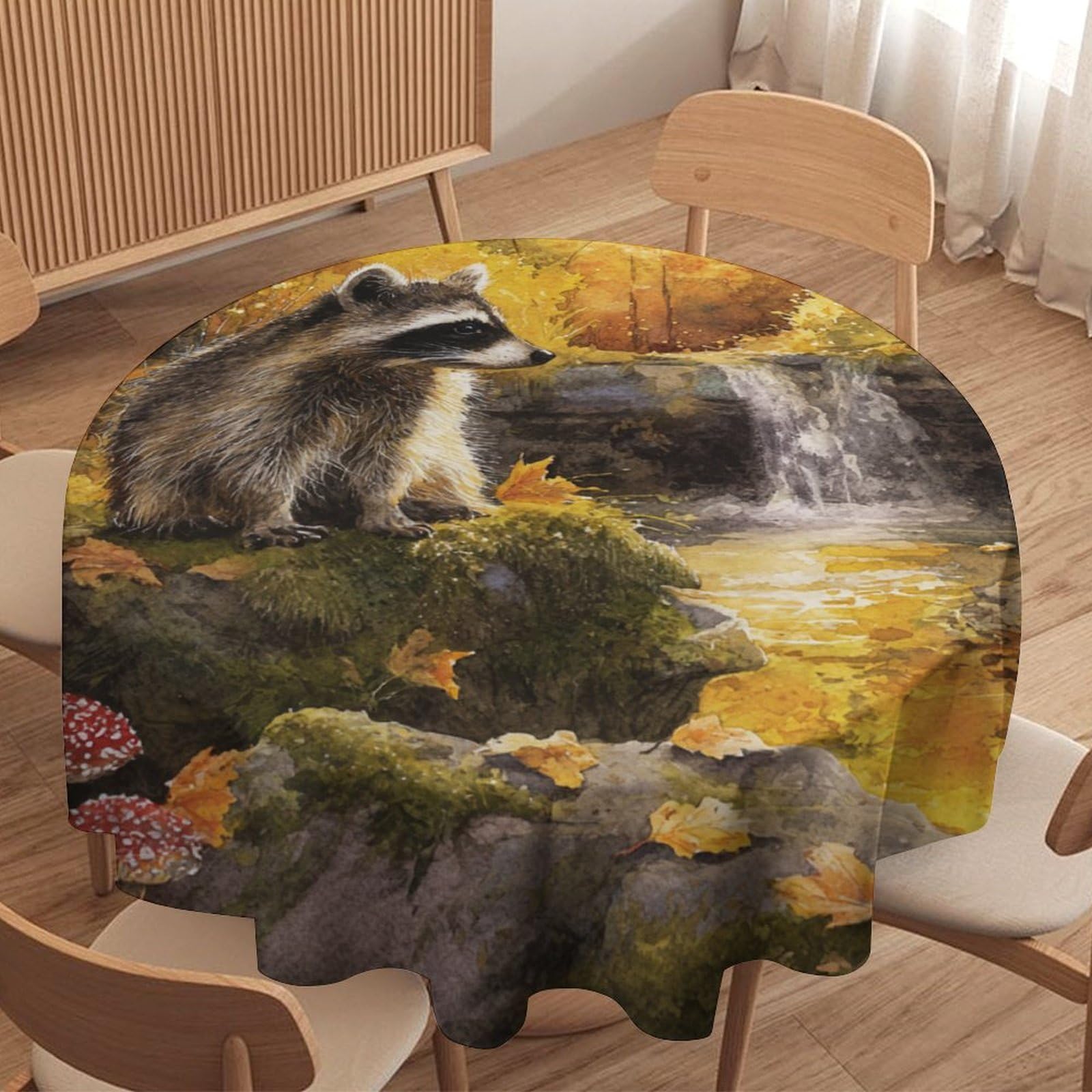 LUYYSKY Vintage Classic Cute Raccoon Waterproof Round Tablecloth Colorful Watercolor Fall Maple Leaves Mushroom Animal Raccoon Washable Table Cover for Kitchen-127 Wx127 L cm