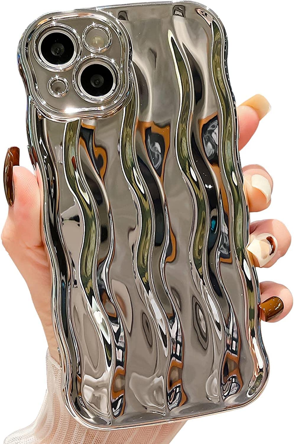 UEEBAI Water Ripple Pattern Curly Phone Case for iPhone 13 6.1 inch, Stylish Pretty Cute Wave Frame Soft Case 3D Protective Cover Shockproof Case for Women Girls Slim Case - Silver