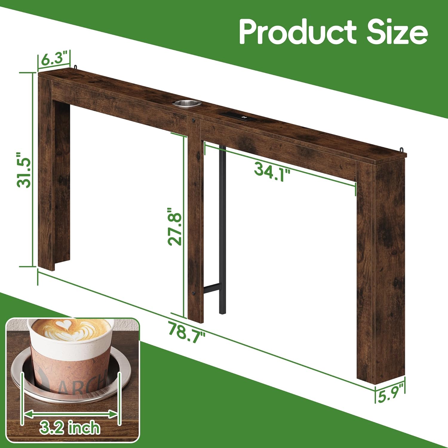 78.7" Narrow Console Table with Outlets, Long Entryway Table, Skinny Behind Couch Table with Charging Station, Sofa Table for Living Room, Entrance (Rustic Brown)