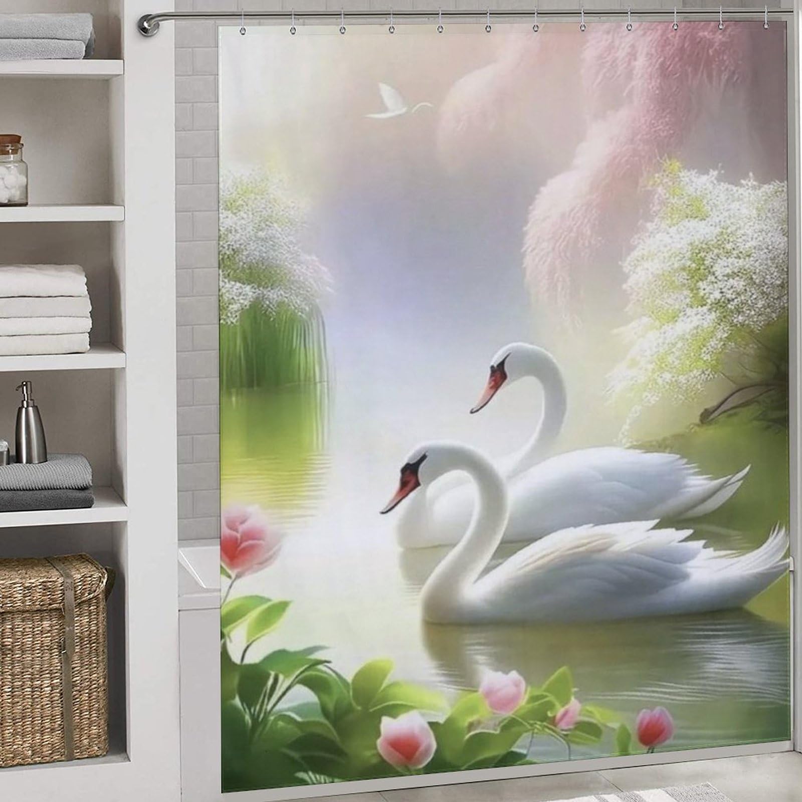 Rideau de douche polyester rideau de bain imperméable 183x183cm motif cygne avec 12 crochets