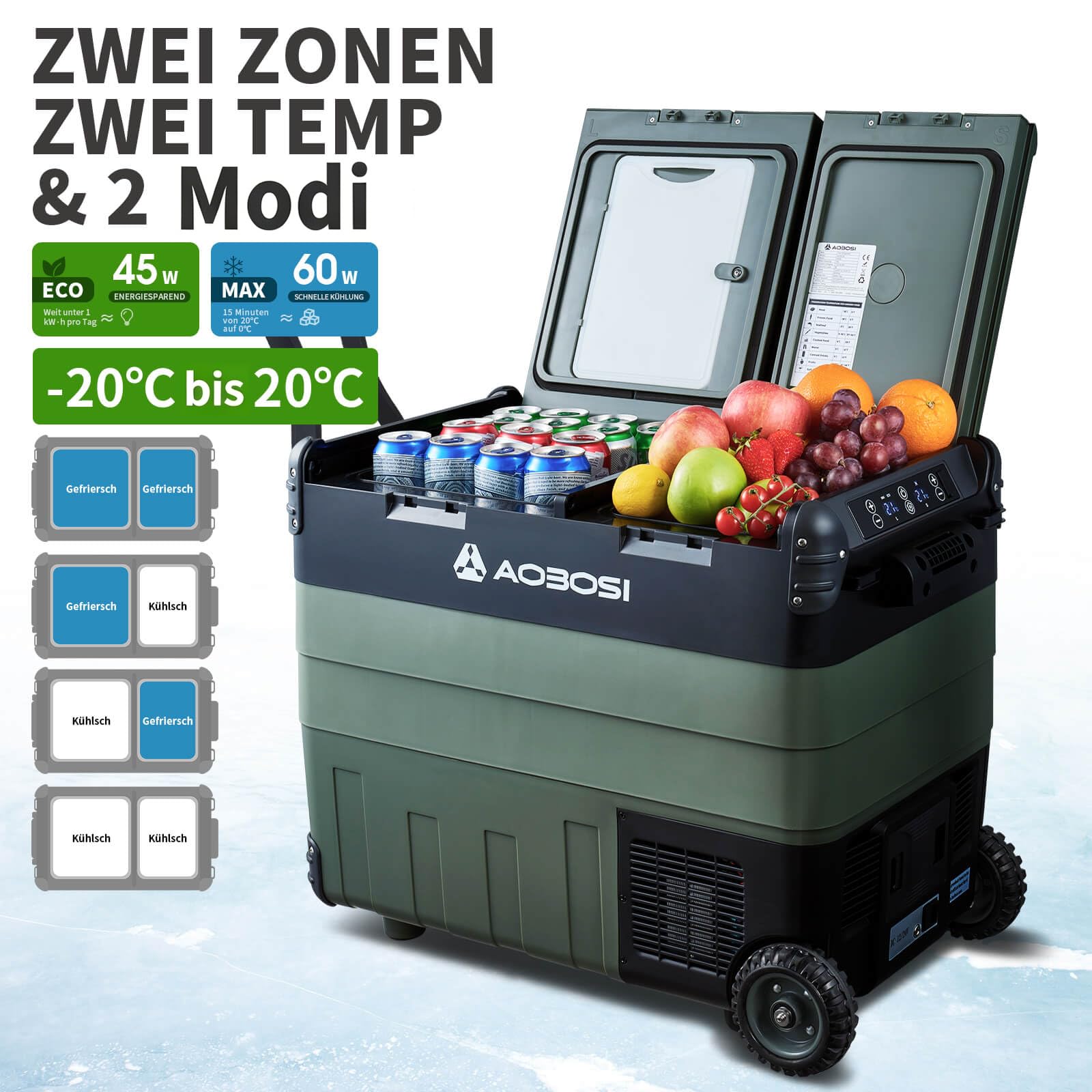 AAOBOSI 50L Kompressor Kühlbox, Dual Zone, Camping Kühlschrank mit APP | LED-Beleuchtung,12/24V und 100-240V, USB-Anschluss, -20°C bis 20°C,Kühlbox Kompressor für Auto, LKW, Boot, Camping und Reisen
