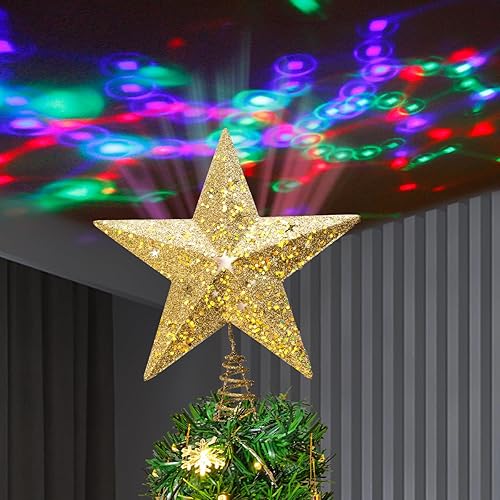 Joiedomi Decoración para árbol de Navidad, estrella dorada iluminada con proyector LED giratorio de arco iris para decoración de árbol de Navidad,