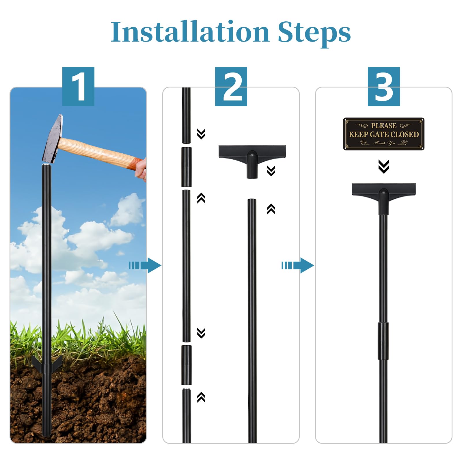 Lot de 2 piquets de signalisation de 122 cm - Noir - Étanche - En métal - Pour jardin, cour, pelouse, uniquement pour panneaux en aluminium