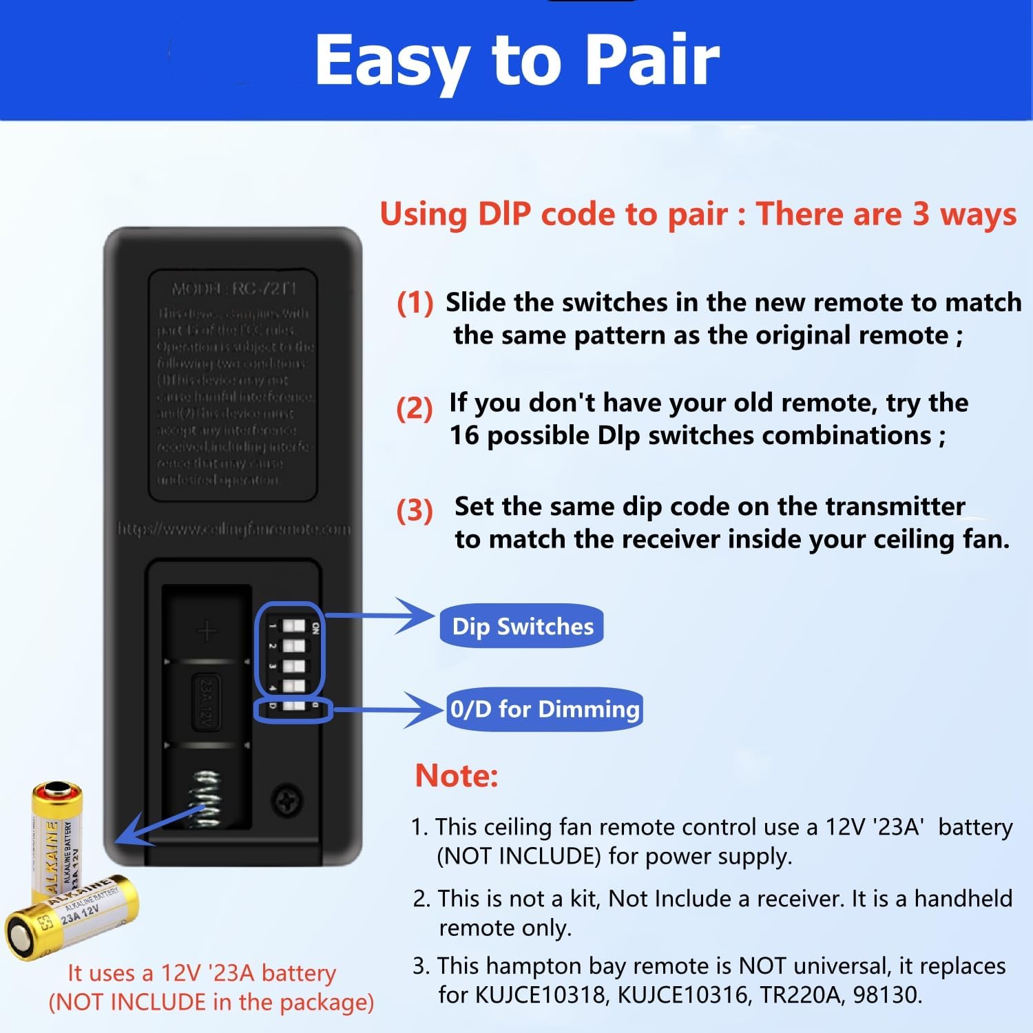 Ceiling Fan Remote Control Replacement for Hampton Bay,Replace for KUJCE10318, KUJCE10316,TR220A, 98130, Light Dimmer with 3-Speeds, 304.25MHz (Remote Only)
