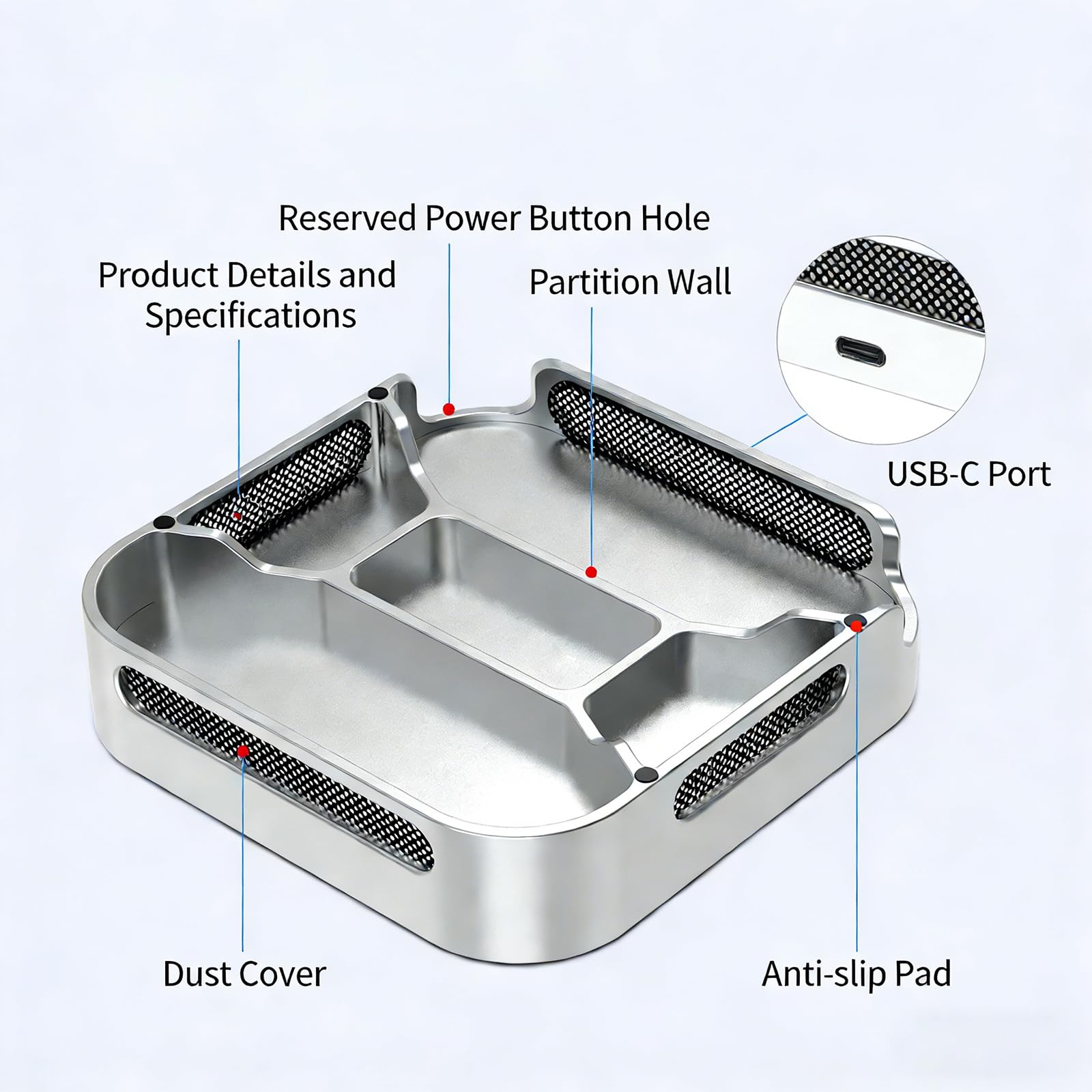 Base in alluminio per piccoli computer con spazio di archiviazione in due posizioni e sollevamento da 20 mm per un migliore flusso d'aria Supporto verticale per laptop portatile per scrivania