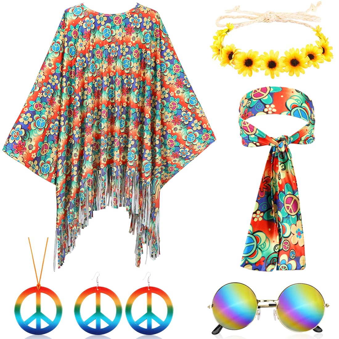 Meleager Disfraz Hippie Mujer, Complementos Hippie Mujer, Accesorios Hippie Costume Set, Juego de Disfraz Hippie Años 60, 70 con Poncho Hippie, Diadema, Gafas de Sol, Collar y Pendientes