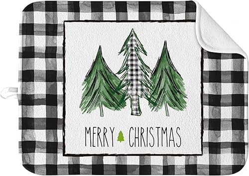Artoid Mode Tapete de secado de platos de árbol de Navidad a cuadros de acuarela para encimera de cocina, 18 x 24 pulgadas, tapete escurridor de