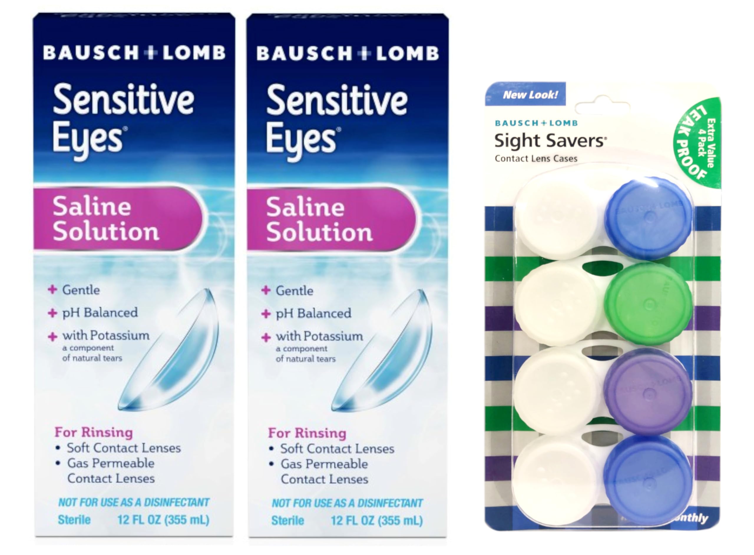 Sensitive Eyes Saline Solution 12 fl oz 2 Pack and Sight Savers Contact Lens Cases 4 Ct