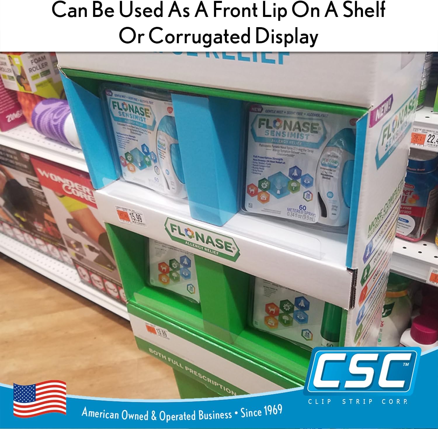 Clip Strip 50 Pack Shelf Dividers for Retail Stores - Adhesive Mount 1" H x 17-9/16" L Corp., 15 mil Crystal Clear PVC, Retail Shelf Separator, SD-1518