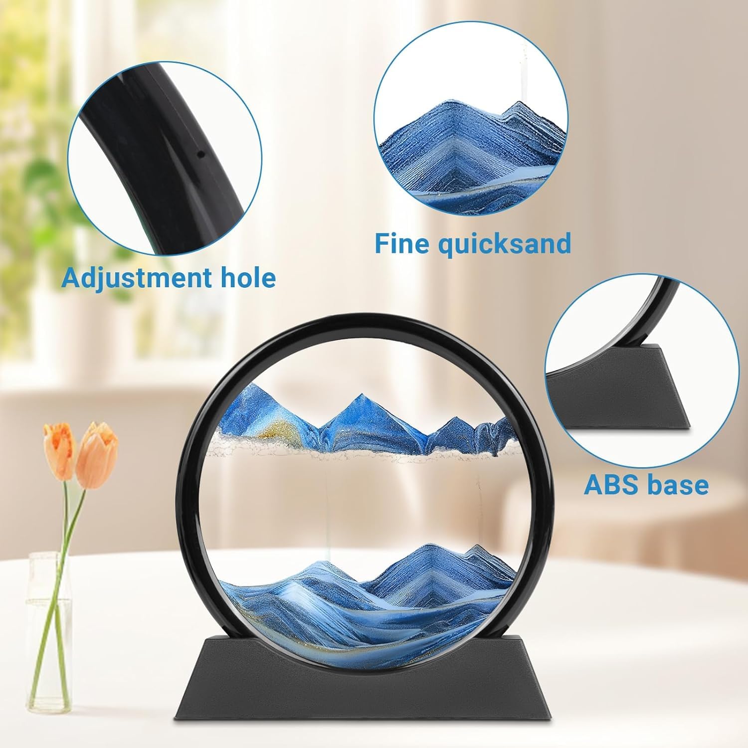 Evilia Ecom Moving Sand Art, 3D Liquid Motion Deep Sea Sandscape Color Quicksand Decor, Round Glass Flowing Circle Sand Art Sandscapes Picture, Relaxing Desktop Home Office Work Decor, 7 inch Blue 3
