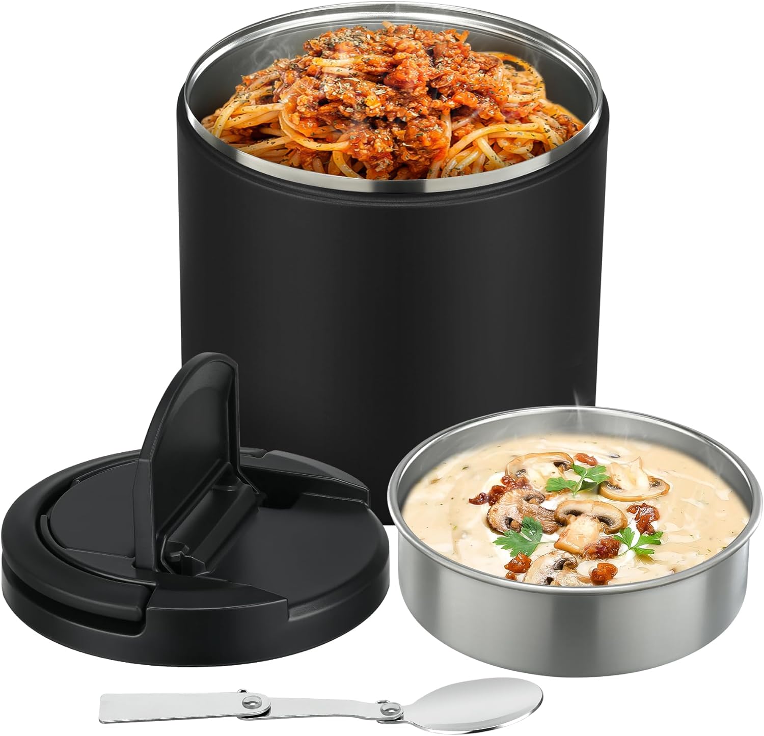 40oz Insulated Food Jar-Say Goodbye to Spills&Cold Meals|QuickLift Airtight Leak-Proof Lid Thermo for Hot Food, Wide Mouth Soup Thermos Lunch Box Container Adults|Stainless Steel with Folding Spoon Black