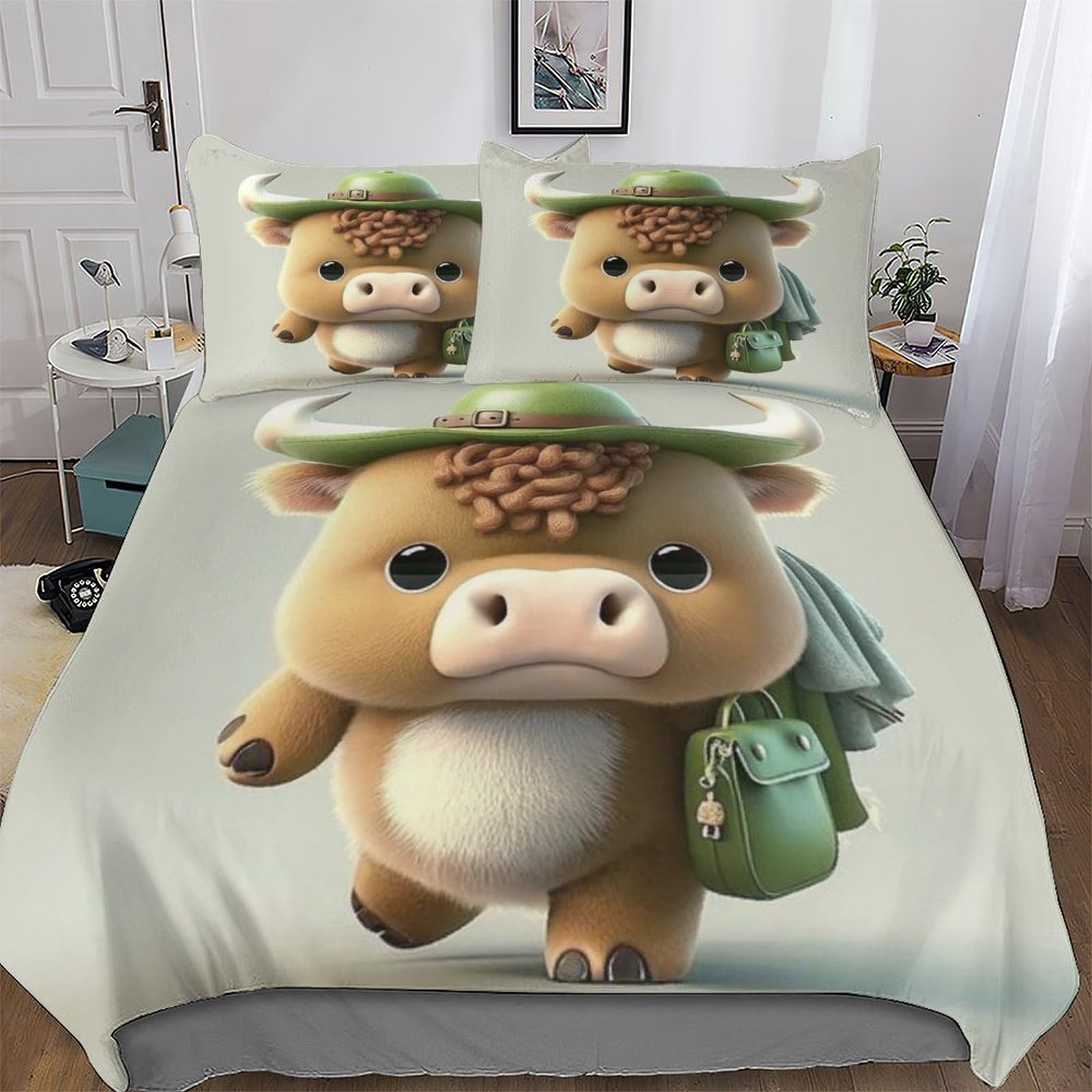 Parure de lit vache 3D avec housse de couette double fermeture éclair microfibre