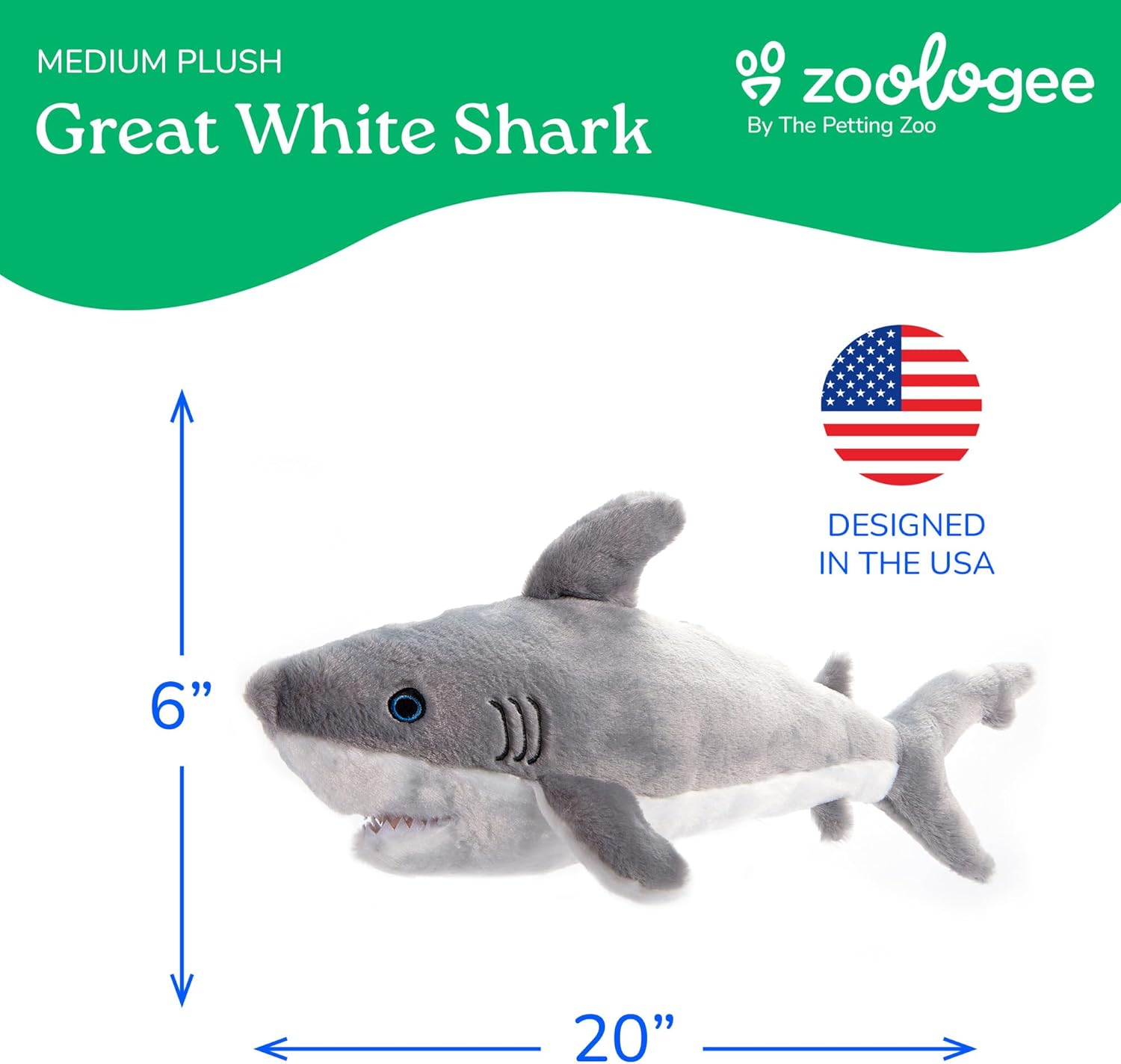 The Petting Zoo Great White Shark Stuffed Animal Plushie, Gifts for Kids, Earth Keeperz Sealife Animals, Zoologee Great White Shark Plush Toy, 20 inches