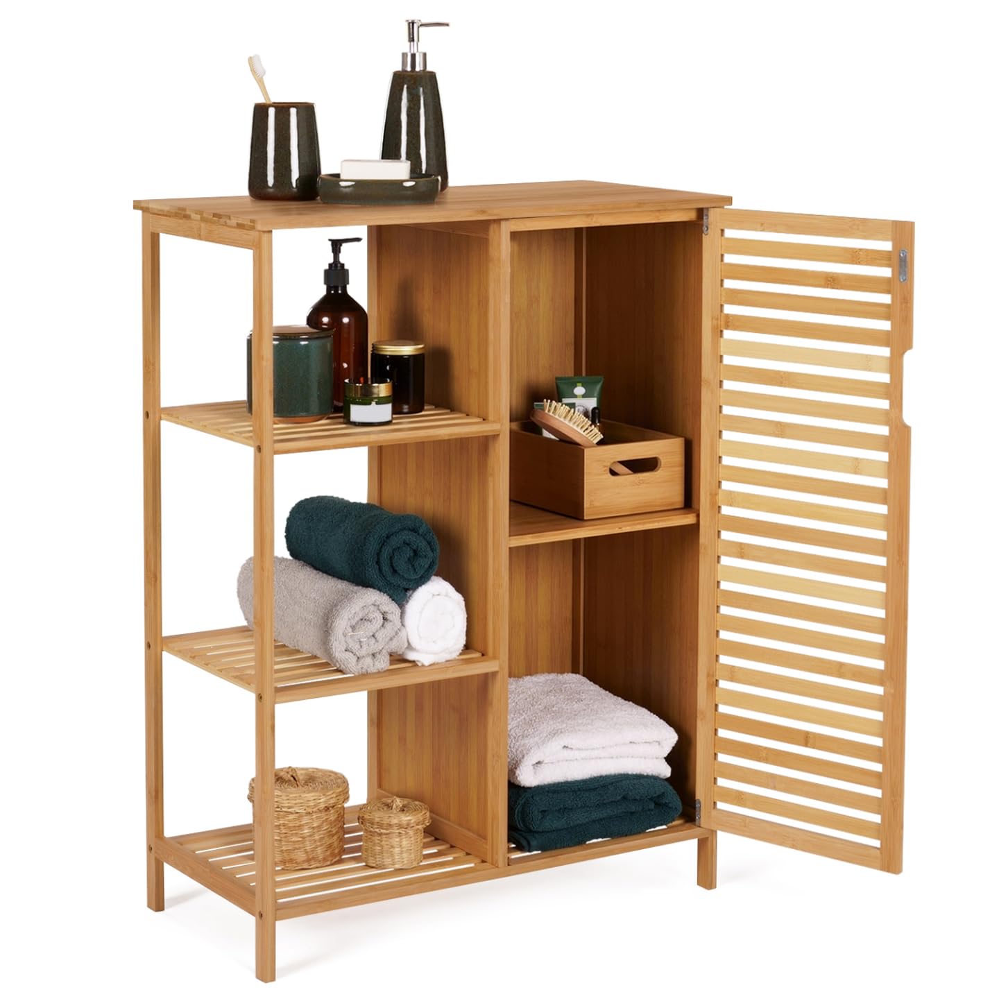 IDMarket - Meuble de Rangement Salle de Bain Bambou BEA 3 étagères avec Placard