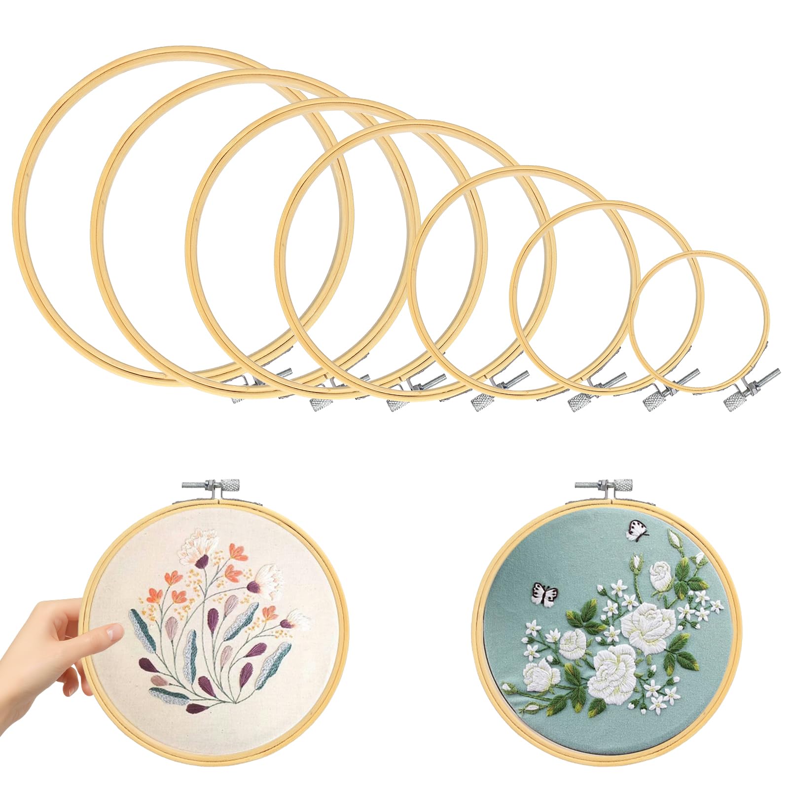 TOKERD 3 stuks, 20 cm, borduurcirkel, bamboe, borduurring, hout, verstelbaar, ronde borduurhoepels, kruisstitch, hoepel, borduurcirkel, voor doe-het-zelf, kunst, creatieve ambachten, decoratie