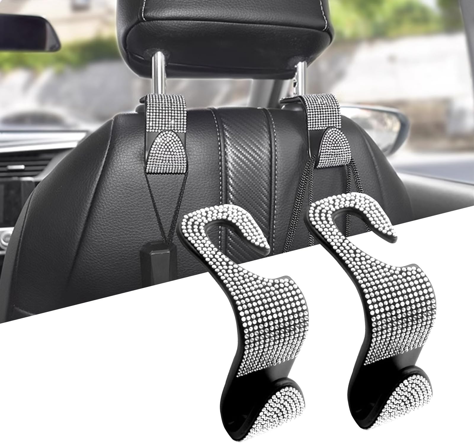 2 PCS Bling Car Seat Headrest Hook, Waterproof Multifunctional Car Seat Hook, Universal Hidden Car Hangers for Purse Clothes Hat (White)
