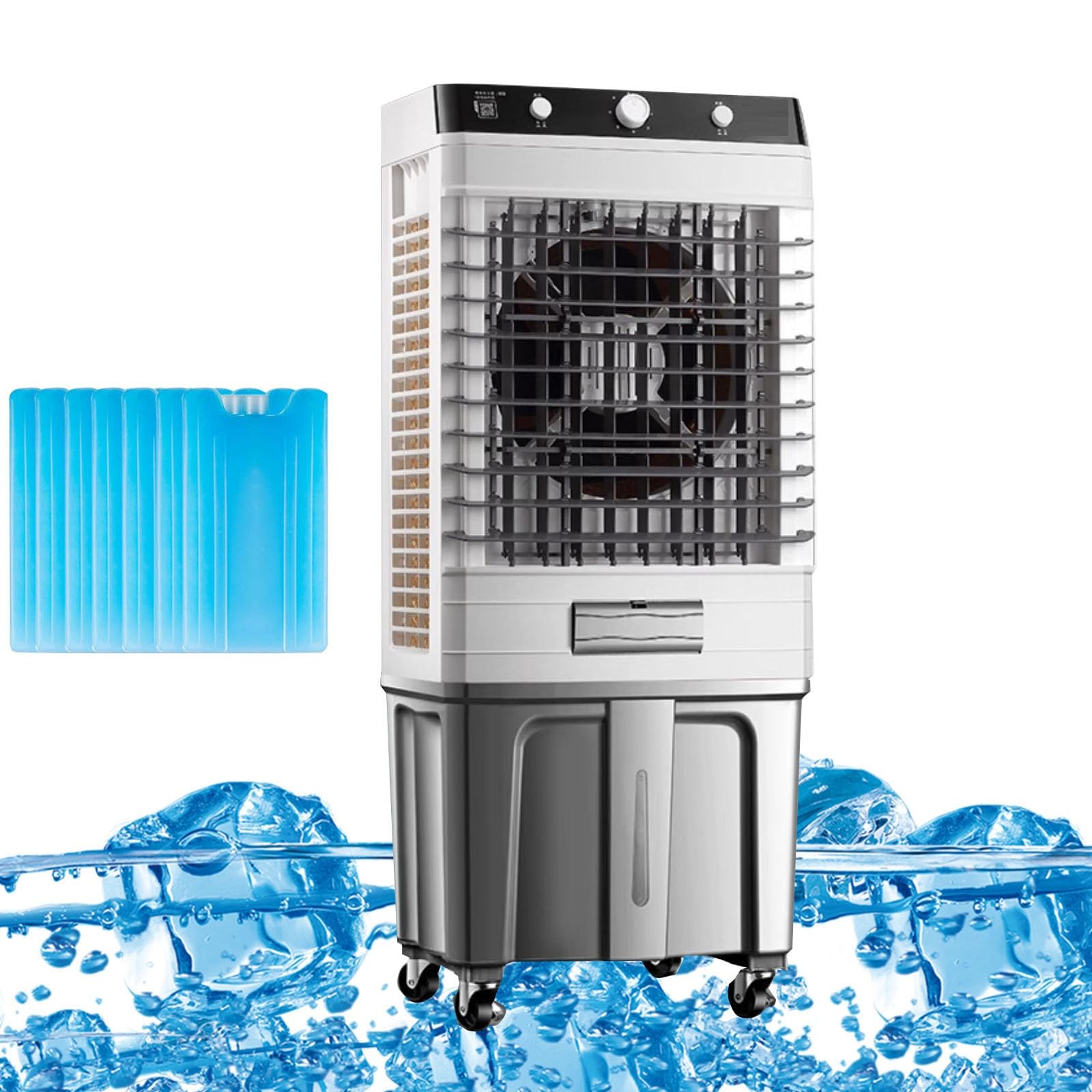 Ventilador evaporativo comercial de 50L y aire acondicionado portátil con 6 cajas de hielo