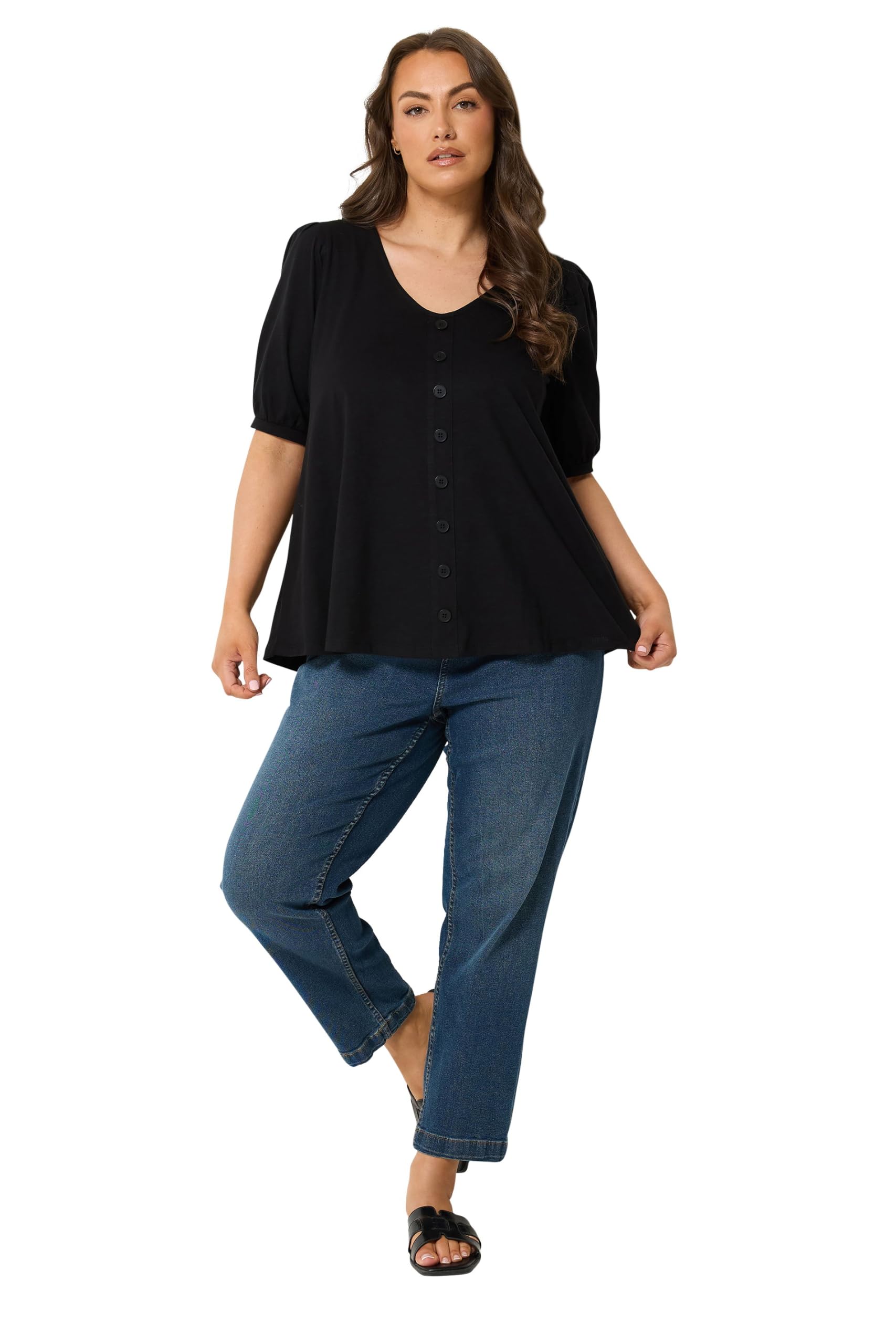 Yours Curve Button Front Puff Sleeve Top - Women's - Plus Size Curve Black
