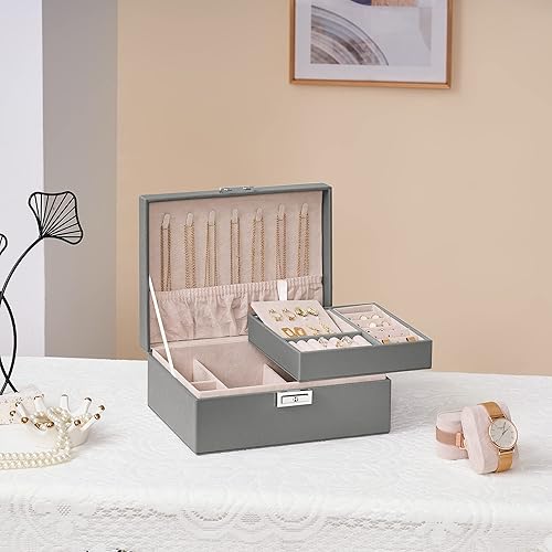 Miniatura 3 de BEWISHOME Joyero caja organizadora de joyas para mujeres y niñas cajas de joyería de 2 capas con 2 cajas de reloj bandeja extraíble estuche de
