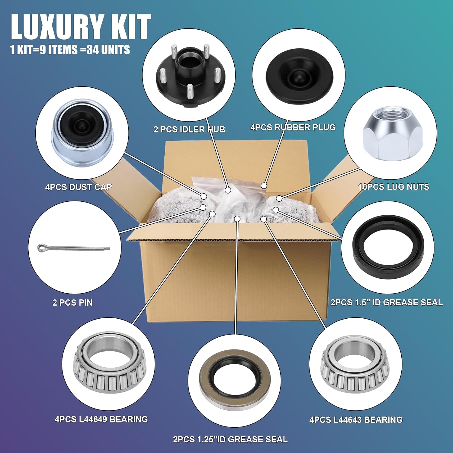 2 Sets Trailer Hub Kit 5 Bolt 4.5" 2000lb, Trailer Axle Kit for 2000 lb 5 Lug Trailer Hub Fits 1" and 1-1/16" Spindle with Extra Dust Cap and Rubber Plug