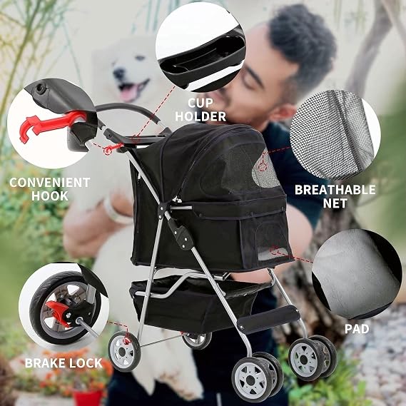 Dog Stroller Pet Stroller Cat Stroller for Medium Small Dogs Foldable Travel 3 Wheels Waterproof Puppy Stroller,Multiple Colors (Black)