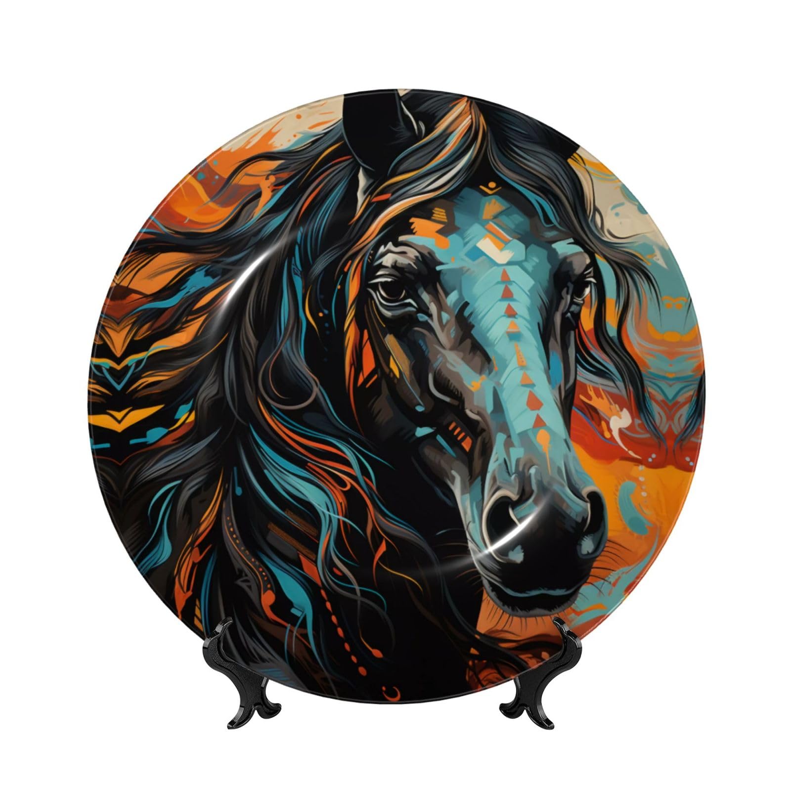 SXZVVBN Colored Mane Horses Bone China Decorative Plate Art with Stand Removable Adhesive Hanging for Home Office 7in