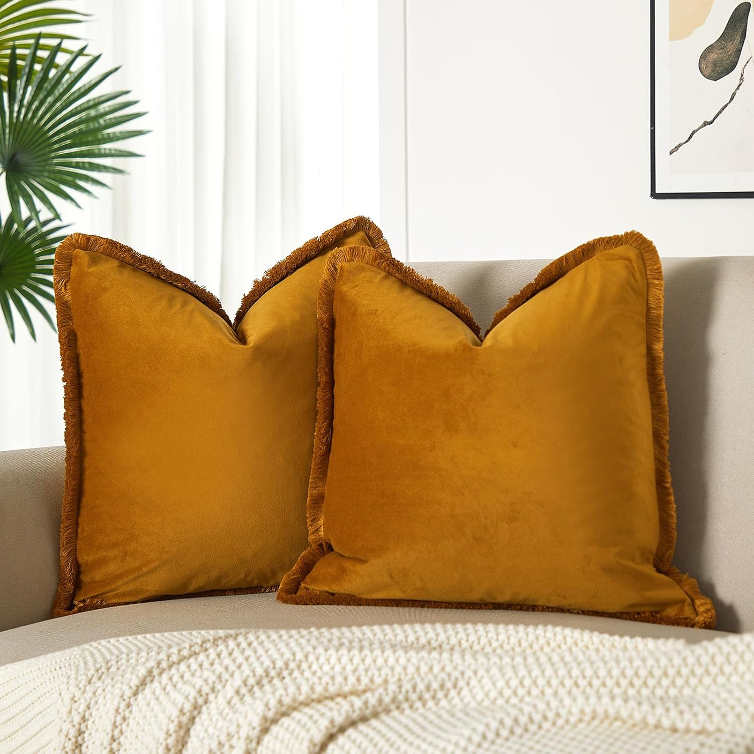 JUSPURBET Mustard Yellow Decorative Velvet Fringe Throw Pillow Covers 22x22 Set of 2 Boho Soft Cushion Case for Home Decor Living Room Couch Sofa Bed