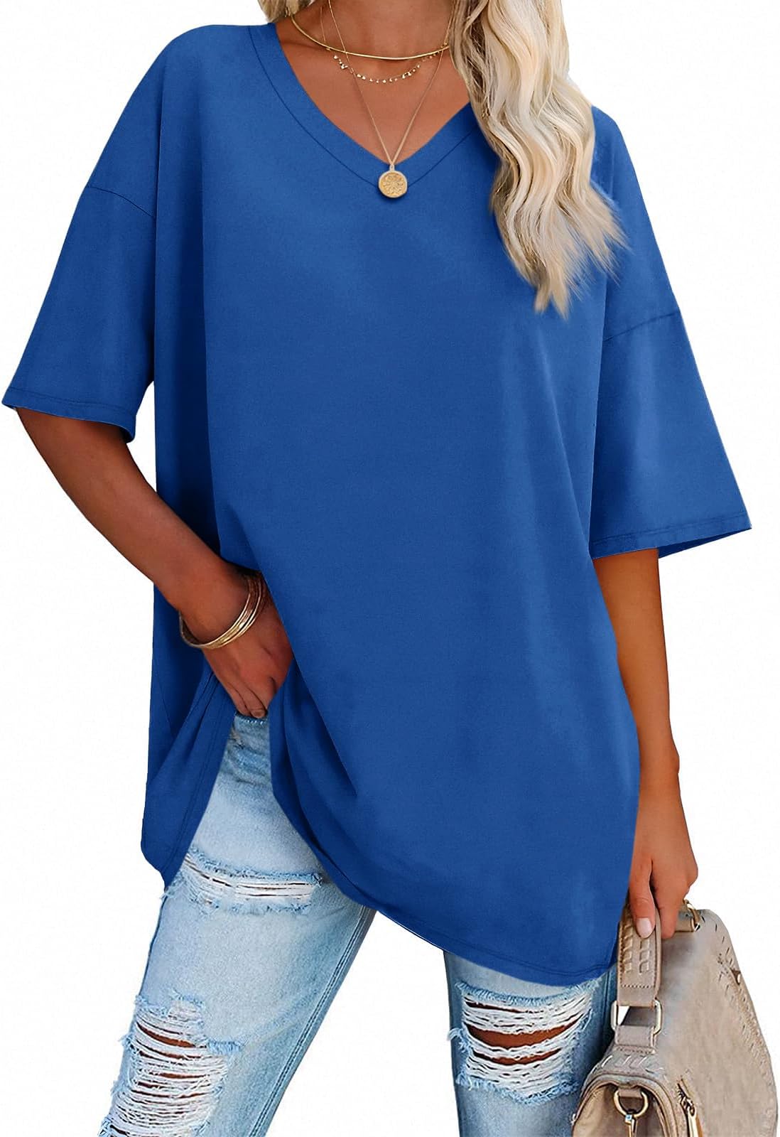 EbifinWomens Oversized Tshirts V Neck Tee Shirts Half Sleeve Loose Fit T Shirt Cotton Tunic Tops 2025