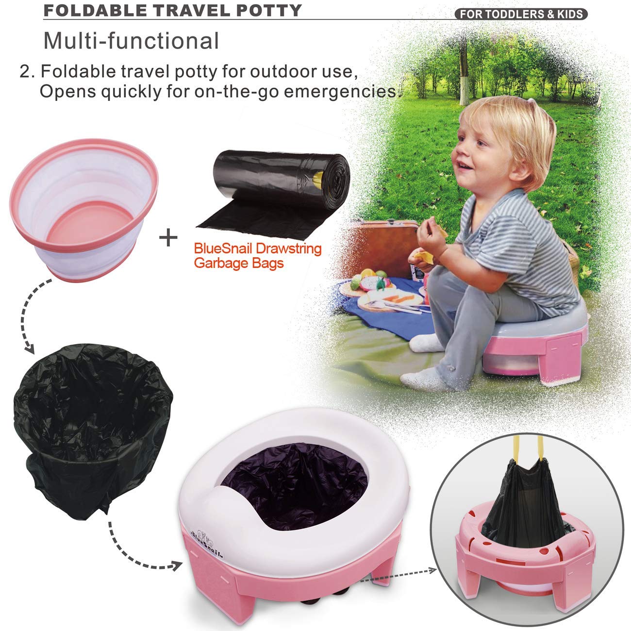 3-in-1 Go Potty for Travel, Portable Folding Compact Toilet Seat,Potty Training Toilet Chairs for Toddler Boys & Girls with Storage Bag and Potty Liners by BlueSnail (Pink)