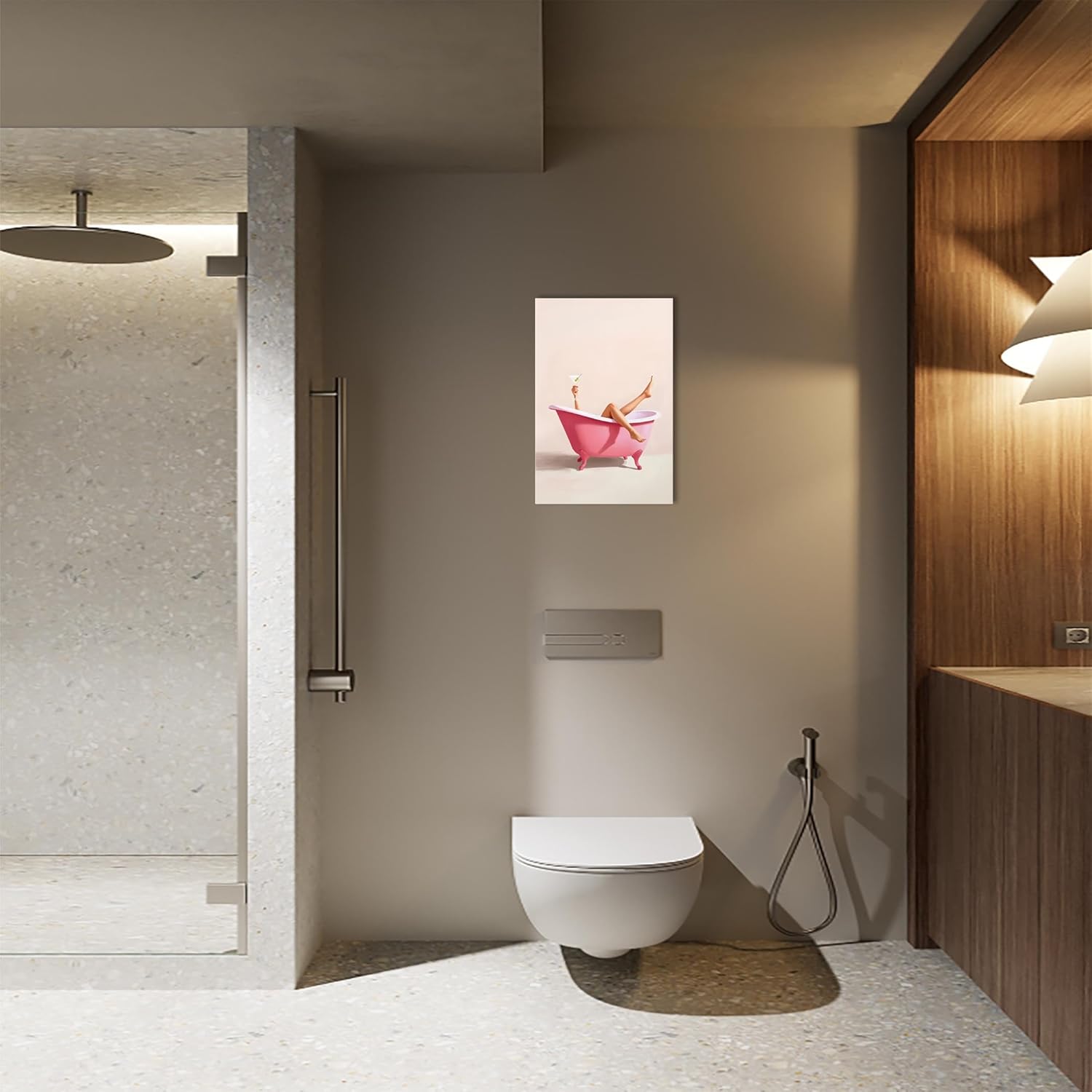 Woman With Cocktail In Bathtub Poster Cute Pink Bathroom Martini Canvas Wall Art Trendy Minimalist Feminist Aesthetic Prints Painting For Bedroom Toilet Bar Cart Wall Decor 16x24in Wframed