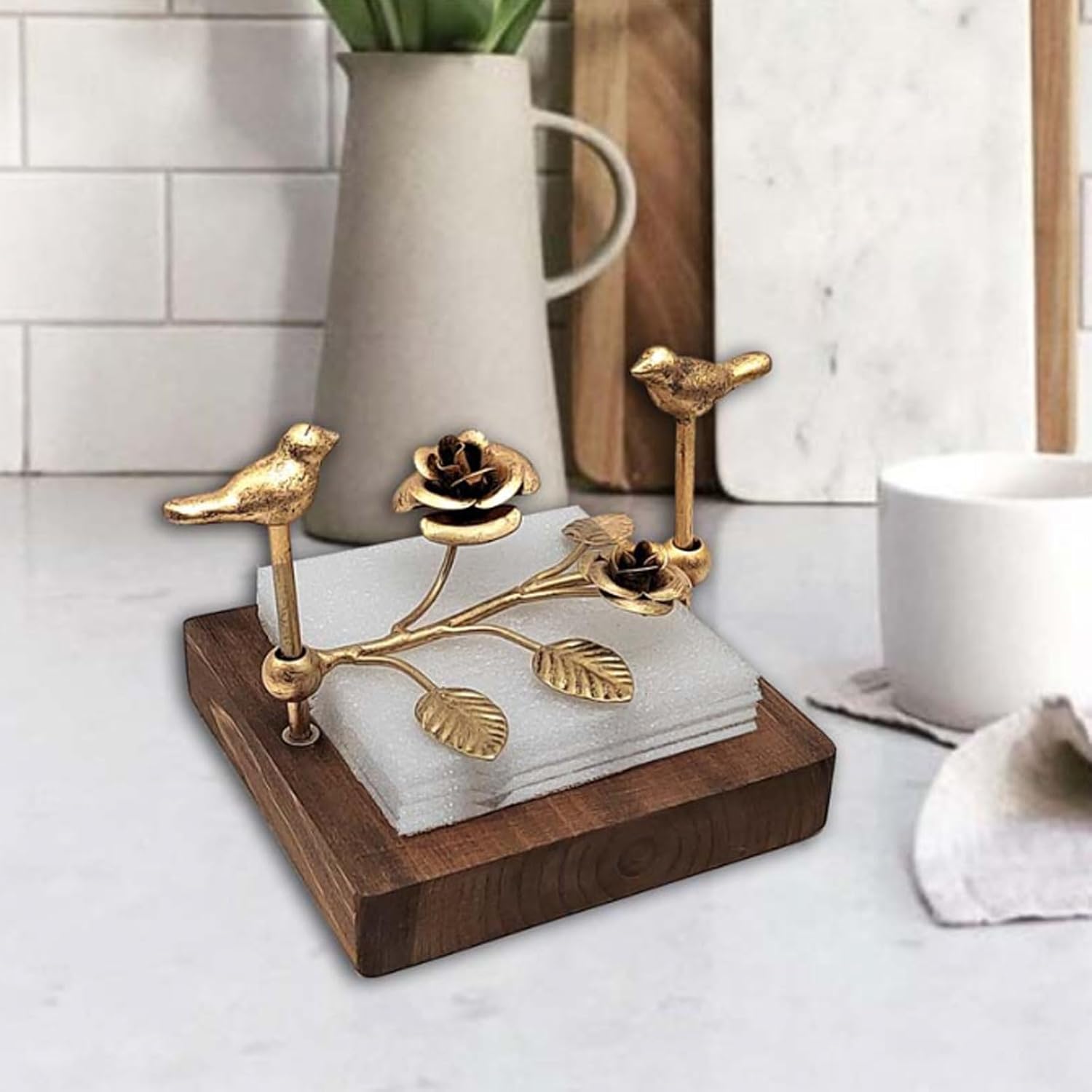 Vintage Square Rose Press Design Paper Towel Holder Wooden and Wrought Iron Home Tabletop Napkin Storage