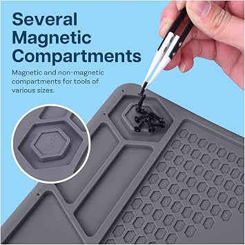 MMOBIEL Silicone Soldering & Repair Mat Heat Resistant up to 932F (500C) Non-Slip Magnetic Workbench Mat for Soldering, Electronics, Computer & DIY Projects (Grey, 16 x 11.5 inch (Magnetic))