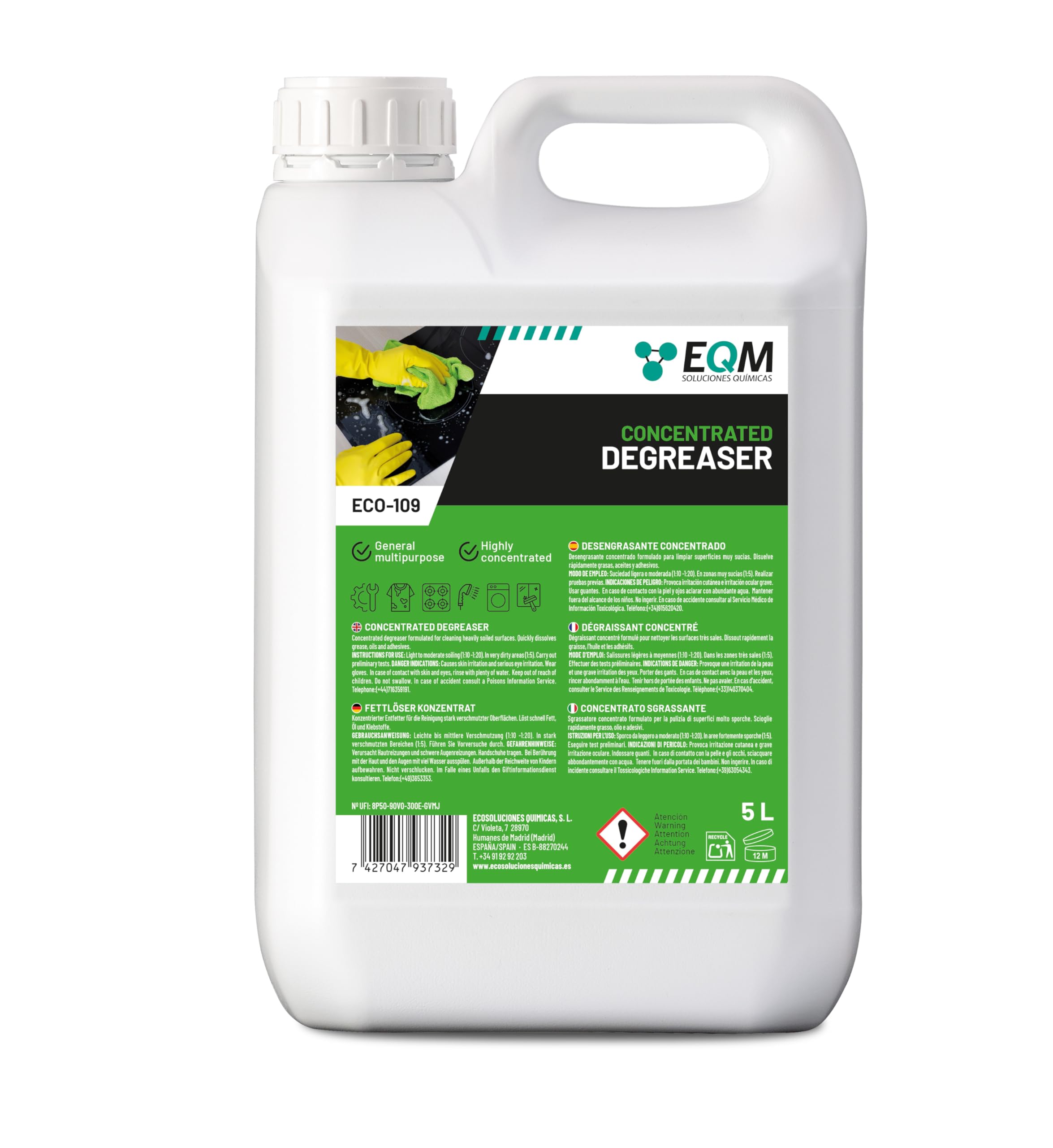 EQM - ECO-109 - Dégraissant Concentré Multisurfaces - 5L - Cuisines, moteurs, machines, sols industriels, garages, etc. - Dégraissant haute efficacité