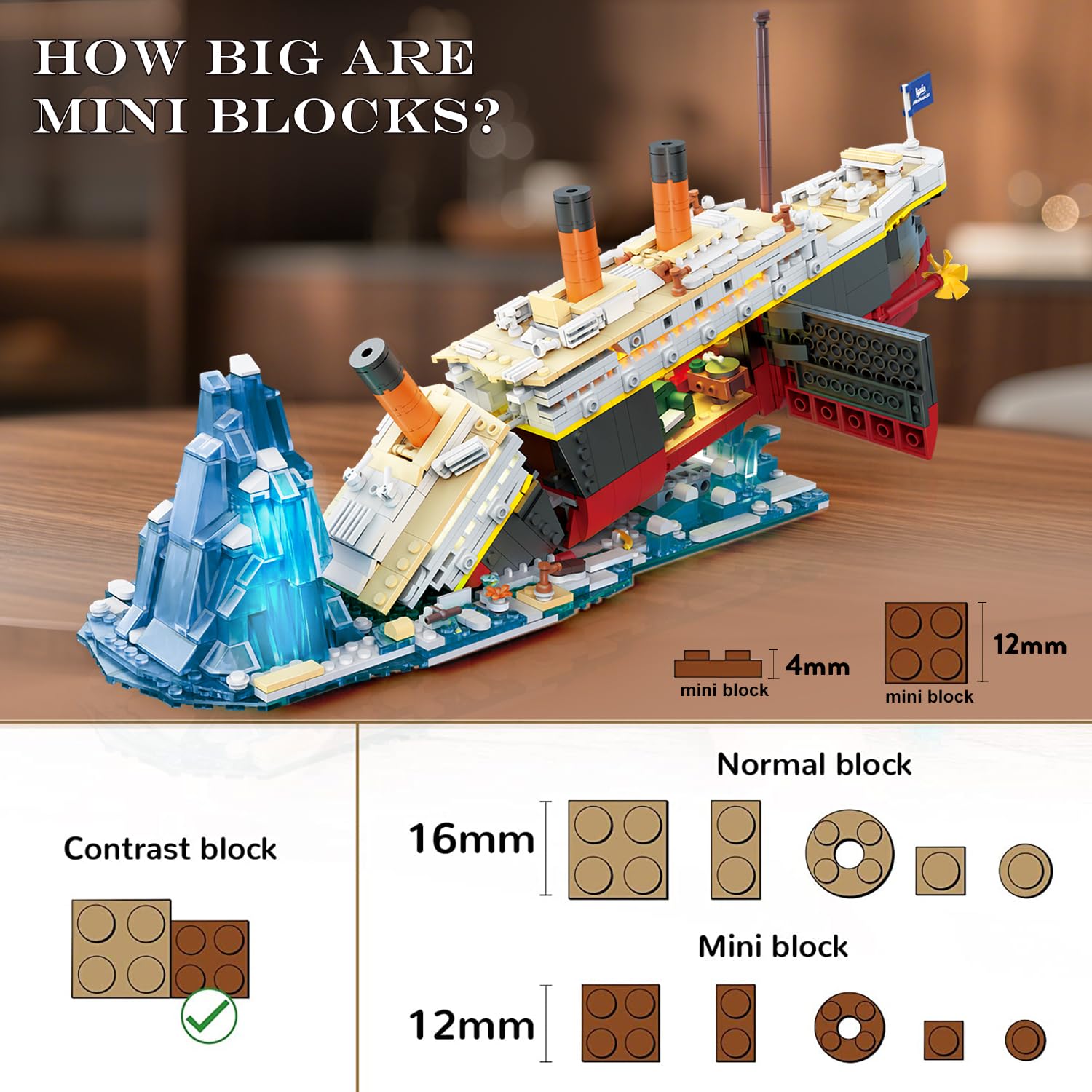 PLAXSOON Juego de construcción Titanic 2 en 1 con luces, 1935 piezas, kit de bloques de construcción mini de barco Titanic con soporte de exhibición de glaciar, modelo de barco de decoración del hogar