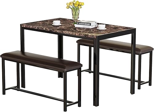 Miniatura 1 de AWQM Dining Table Set 4 Metal Frame and Faux Marble Table Top Modern 3 Piece Kitchen Table Set with 2 PU Leather Upholstered Bench for Apartment