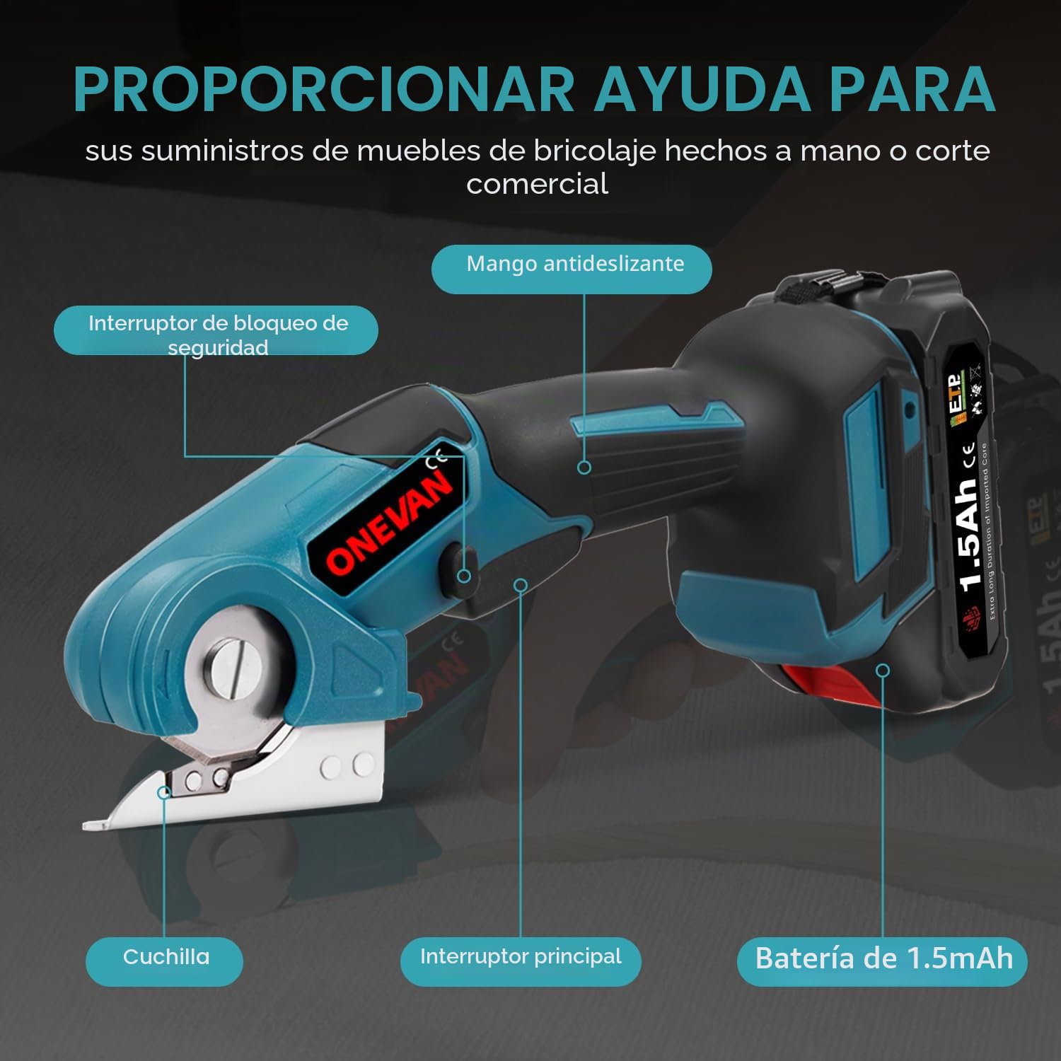 ONEVAN Tijeras universales inalámbricas 18V eléctricas - Tijeras a batería con hoja autoafilable, profundidad de corte de 6 mm, cortador de cartón para tela/alfombra/cartón, 300 rpm, tijeras inalámbri
