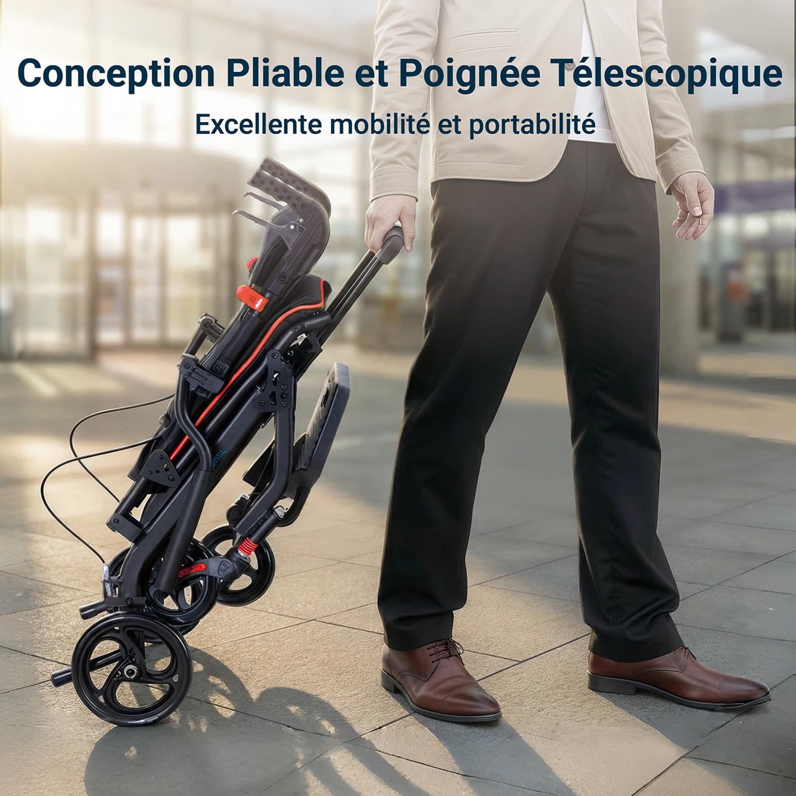 Fauteuil roulant pliable léger Aluminium, Frein sur poignées, Fauteuil roulant de transport portable stable robust pour adultes, personnes âgées, pour transport, voyage, charge 100 KG (Noir)