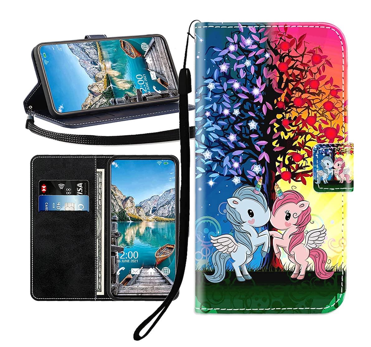 Sunrive Cover compatibile con Xiaomi Mi 11T Pro 5G, Custodia con supporto di stand e in Pelle artificiale per carte di credito Portafoglio Flip Chiusura Magnetica bumper(Unicorno rosso blu B1