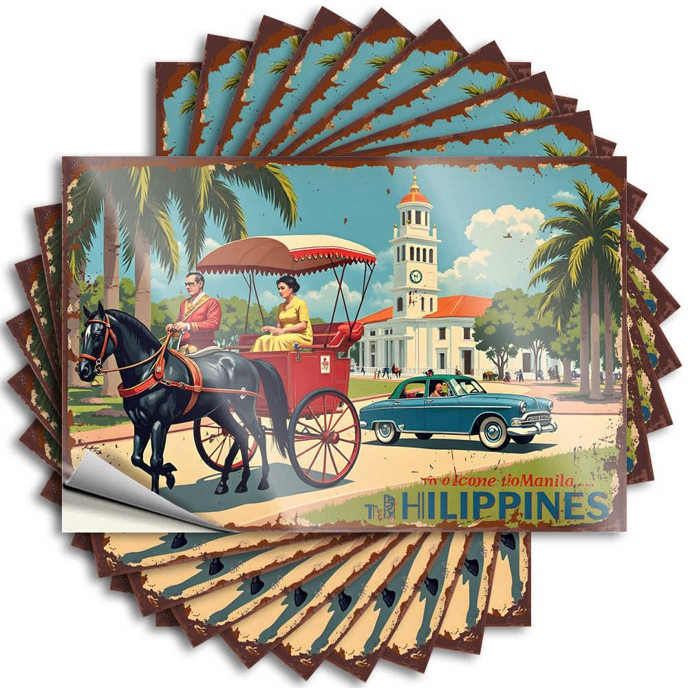 Bumper Outdoor Patio Accessories Vinyl Sticker | Vintage Manila: Horse-Drawn Carriage and Classic Car in Philippin Small for Silicone Use(6X9CM)
