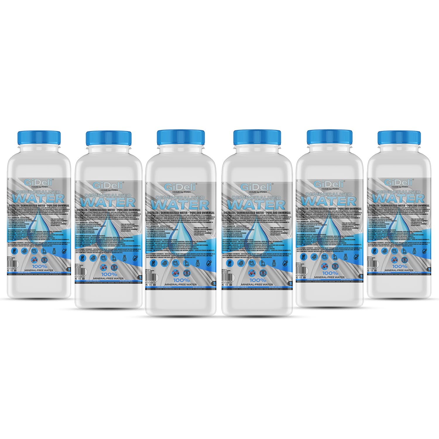 GiDeli Acqua demineralizzata, 6 x 1 l, acqua distillata per ferro da stiro, batterie, refrigeratore, umidificatore, acquario e laboratorio, acqua senza calcare, inodore, trasparente