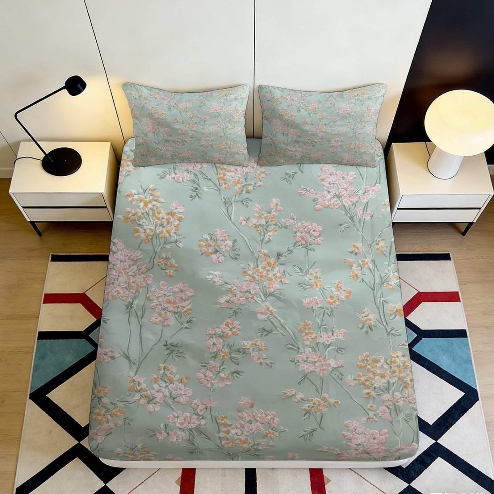 3D Printed Green Floral Fitted Sheet Microfiber Soft Breathable Pastel Blossom Mattress Cover for Bedroom Guest Room Decor 90x200x25cm