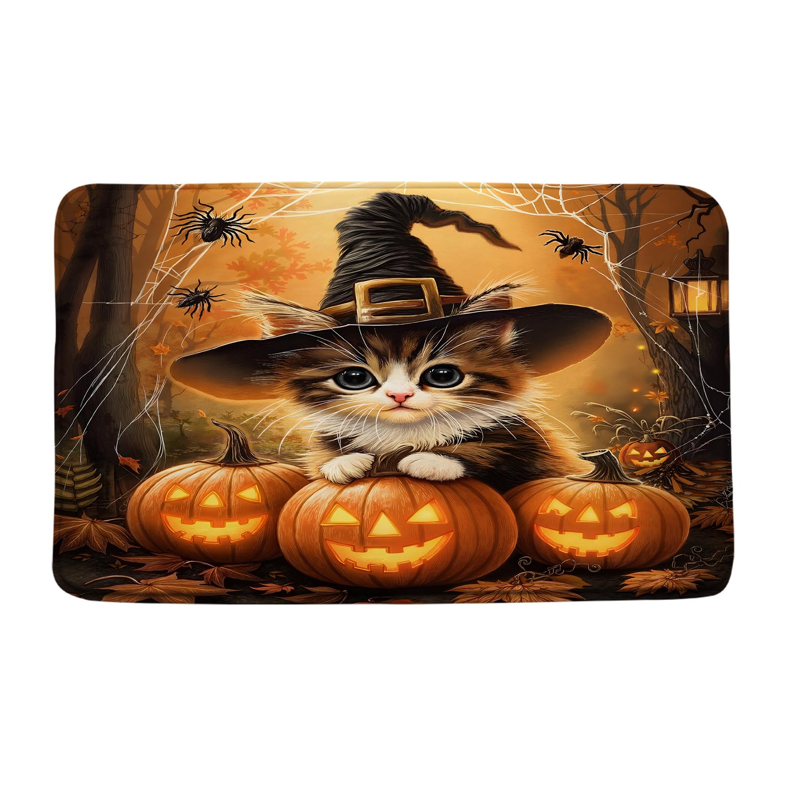 Halloween Cat Bathroon Runner Rug Pumpkin Spider Web Witchy Animal Cute Orange Autumn Festival Kitchen Doormat Bath Mats