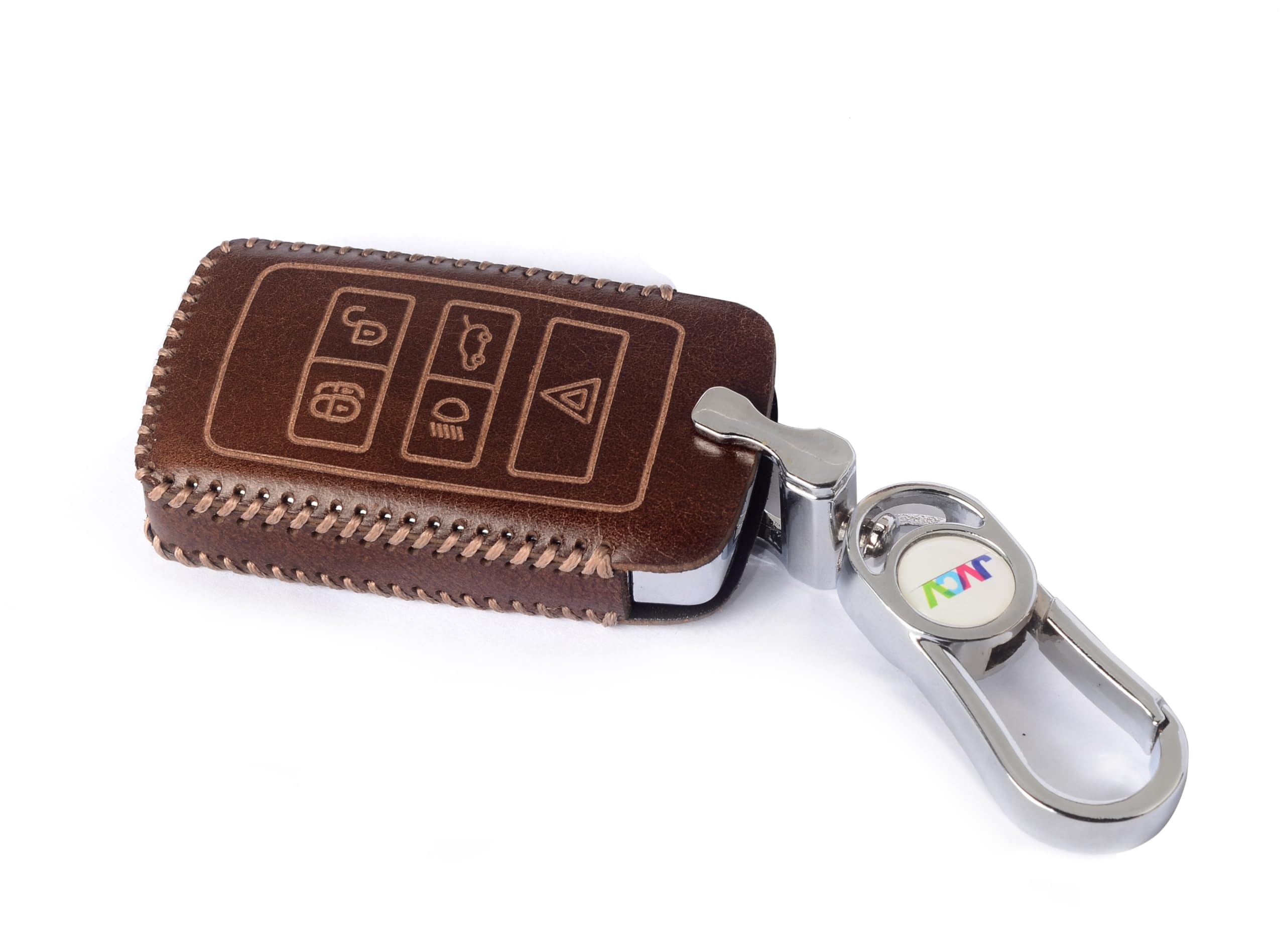JVCV® Handmade Leather Car Key Cover with Keychain | Premium Soft Leather Smart Key Case Protector Compatible with Land Rover Range Rover Discovery Defender Smart Key (Brown)