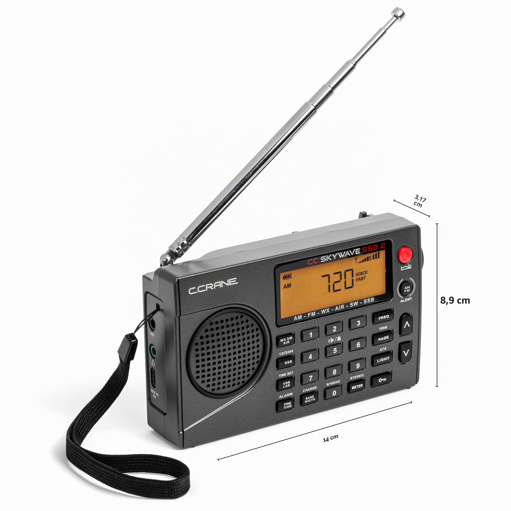 C. Crane CC Skywave SSB 2 AM, FM, onde corte, NOAA Weather + Alert, banda di aviazione VHF scansionabile e bande laterali piccole radio portatili a batteria da viaggio include adattatore antenna SW