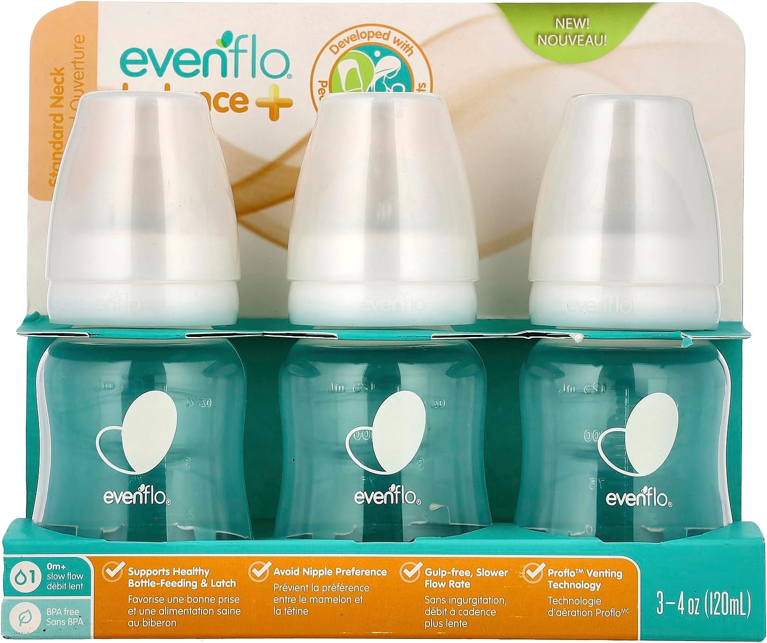 Evenflo Feeding, Balance+, Standard, Slow Flow, 0+ Months, 3 Bottles, 4 oz (120 ml)