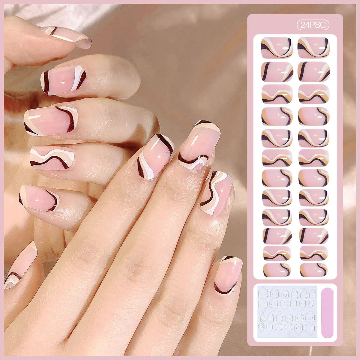 Amazon.com: BYNYTO Press on Nails Short Square Fake Nails with Wave Designs  French Nail Tips Glossy Nude False Nails for Women Girls Black Orange White  Strip Stick on Nails Acrylic Nail Tips