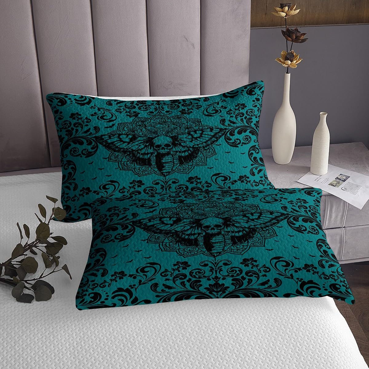 Erosebridal Halloween Moth Pattern Coverlet Set Queen Turquoise Black Gothic Bedspread Goth Boho Damask Floral Quilt Set for Kids Adults,Halloween Animal Print Bedding Quilted