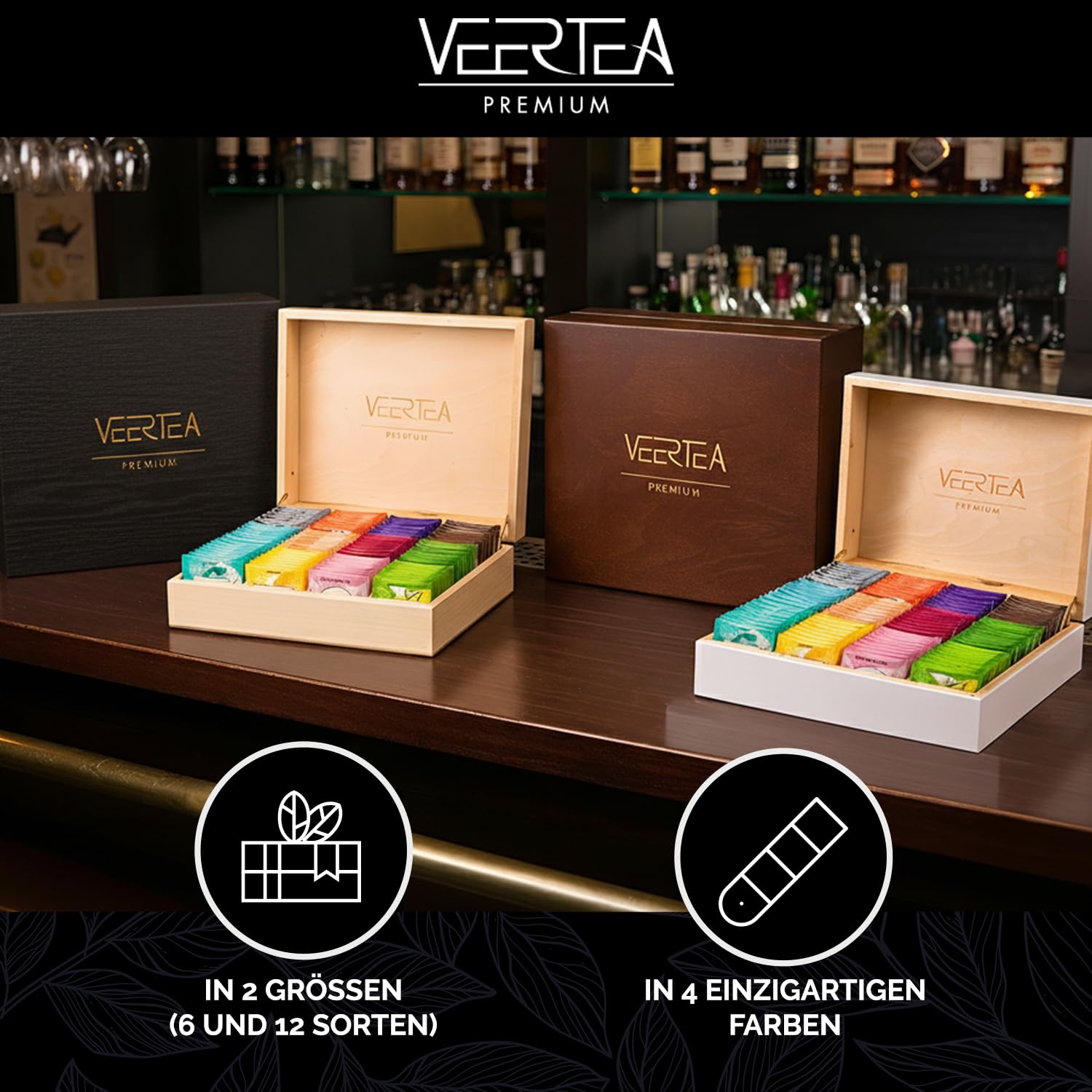Veertea Tee - Teebox - Tee Geschenkset - Tea Set - Sorgfältig Ausgewählte Sorten - Teebox Holz - Teemischung - 12 Geschmacksorten, 180 Beutel - Box 30x26x11cm - Weiß